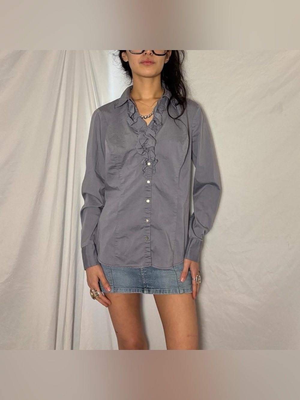 Grey New York & Company Long Sleeve Button Up W Ruffled Neckline